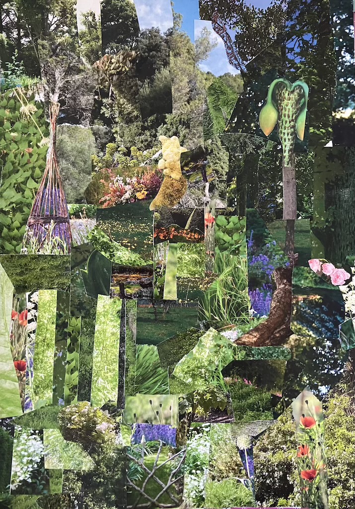 Collage végétal fait de bandes de photos de forêt, fleurs et écorce